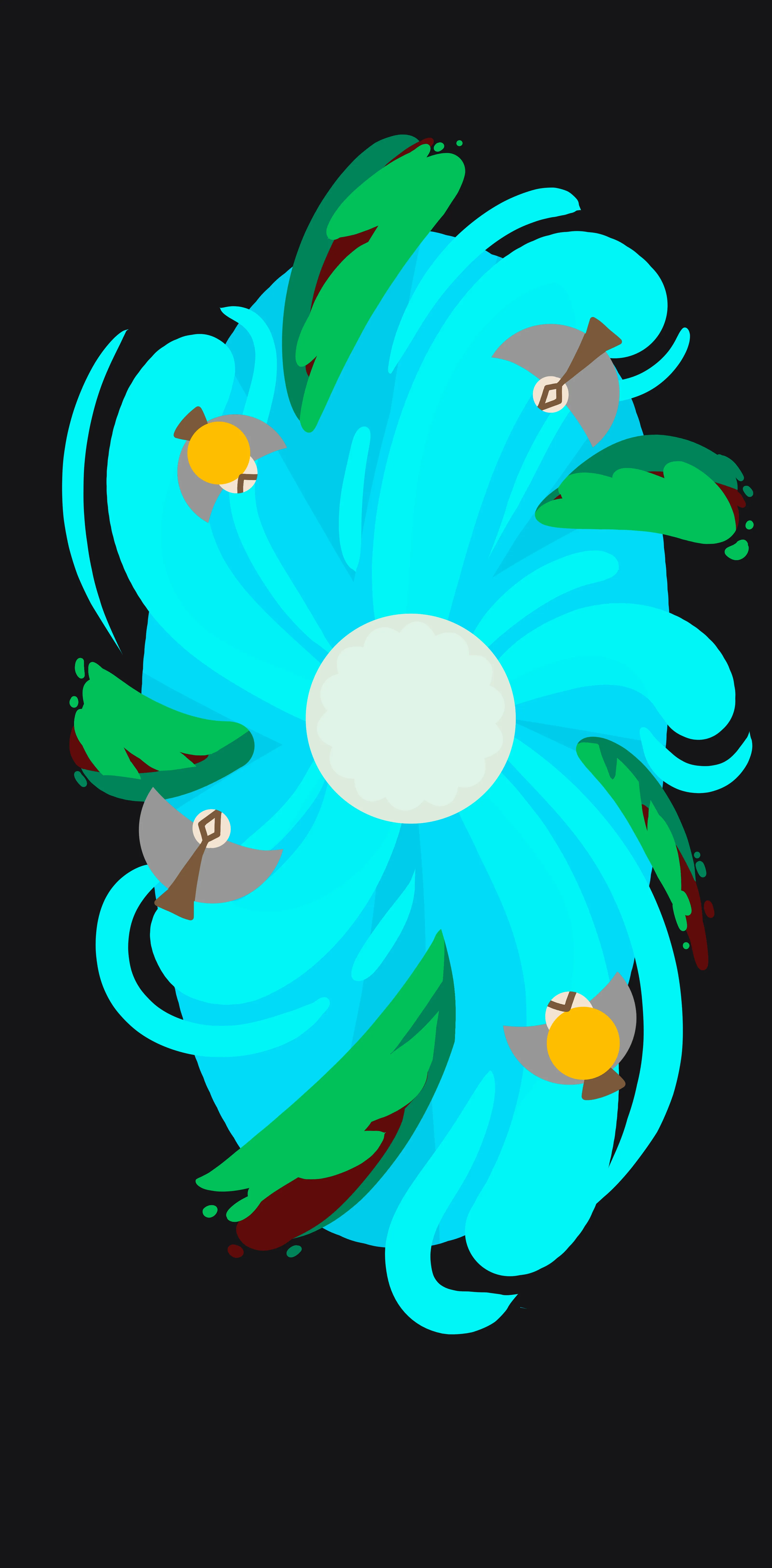 Original mural design: a spiral of light blue water radiating from a white center, ringed by green leaves and small ducks, on a dark asphalt background.