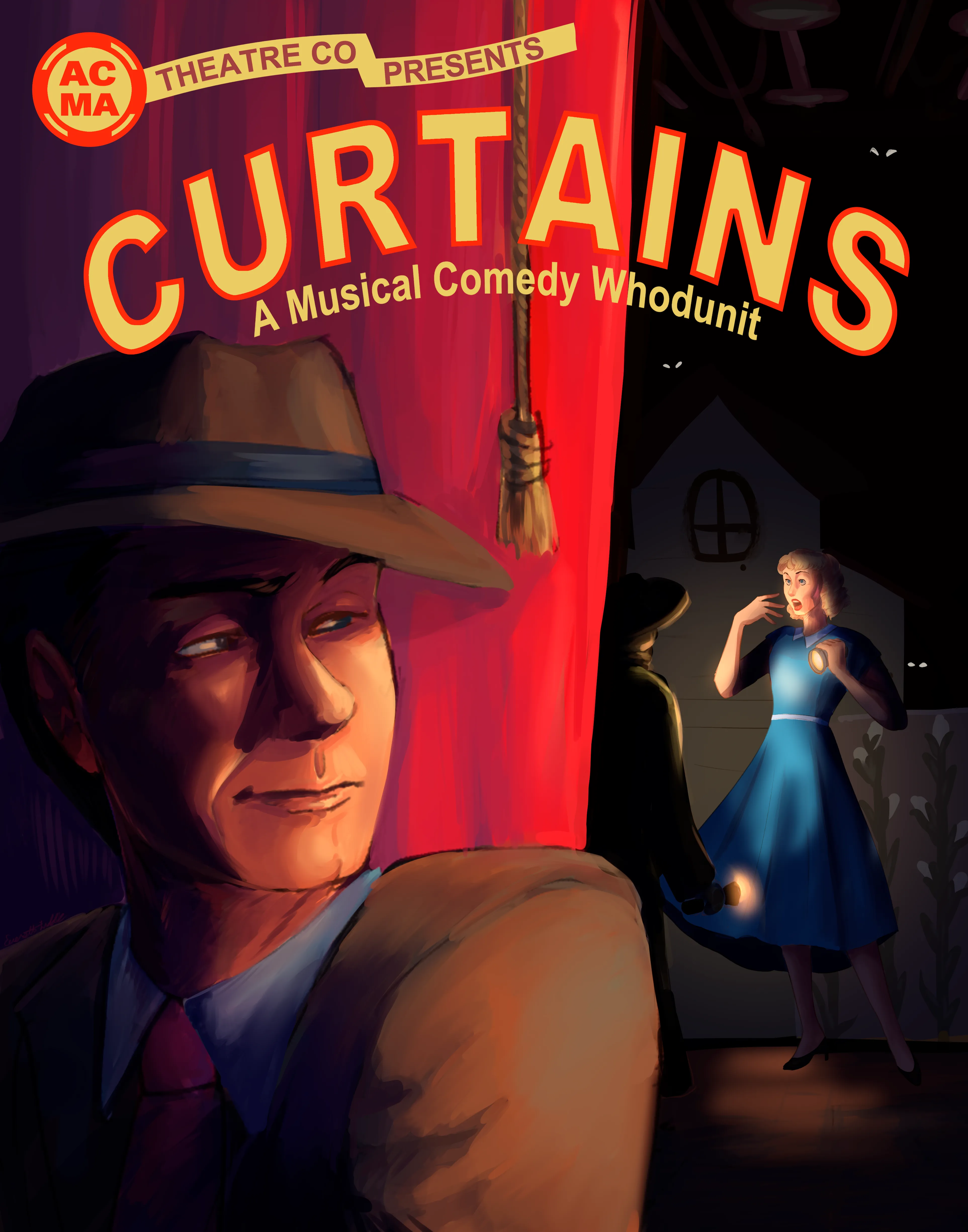 Curtains poster in a 1940s pulp detective style: a trench-coated detective in a fedora glances sideways in the foreground while a woman in a blue dress screams under a spotlight on a stage set, a noose hanging from the rigging between them.