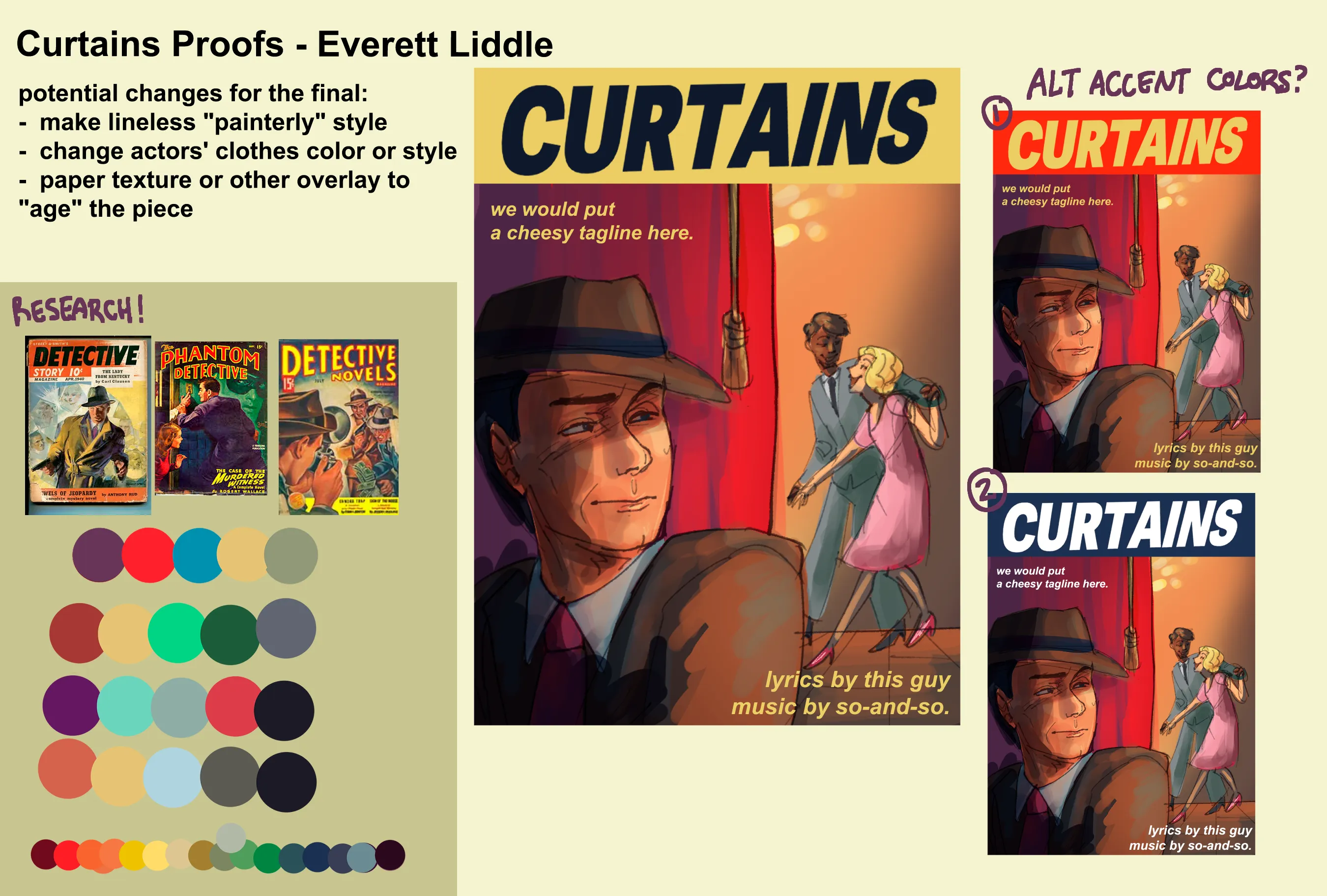 Proof sheet for the Curtains poster: an annotated draft with pulp magazine reference covers, color palette studies, two alternate title treatments, and notes on planned changes for the final.
