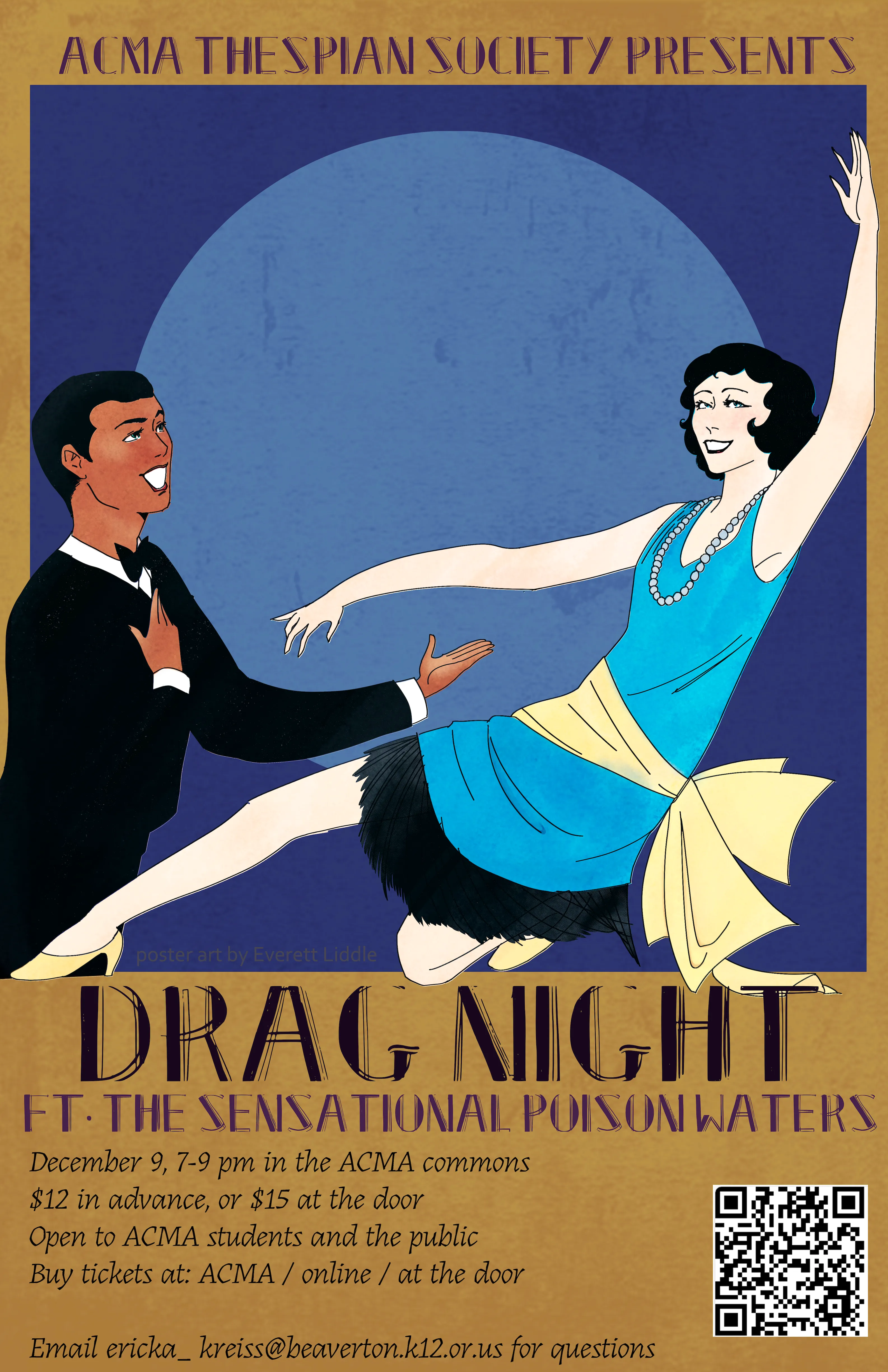 Drag Night poster in a 1920s art deco style: a performer in a black tuxedo and a flapper in a blue drop-waist dress with pearls dance in front of a pale full moon on deep violet, framed by an aged gold border with the title and event details in art deco lettering.