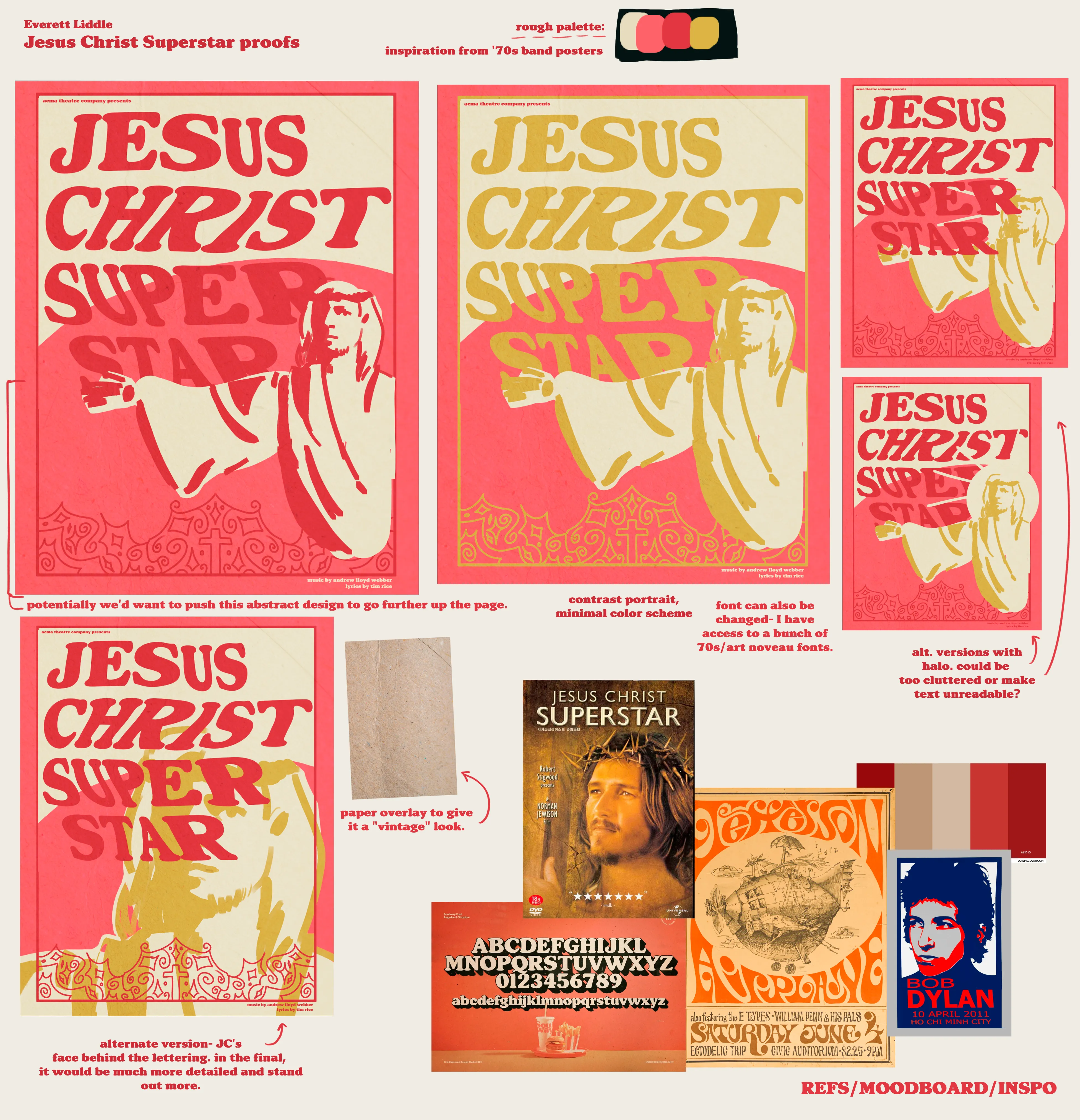 Proof sheet for the Jesus Christ Superstar poster: three color variants of the psychedelic design, an alternate composition with the face behind the lettering, notes on a paper overlay, and a moodboard of 1970s band posters and type references.