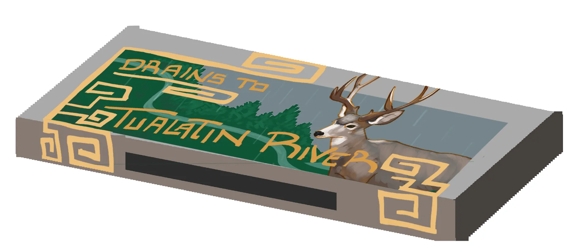 A 3D render of the design installed on a sidewalk slab wrapping a storm drain, the painted panel seen at an angle across the pale concrete with the deer, firs, gold lettering and maze border on its surface and the drain opening a dark slot along the lower edge.
